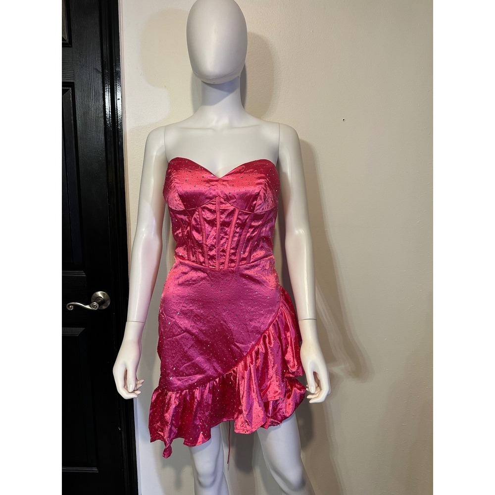 Fashion Hot Pink Satin Rhinestone Corset Mini Dress Lace Up Ruffle Hem Party